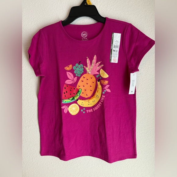 Wonder Nation Kids T-Shirt - Magenta with Fruit Design and sequin accents XL - Picture 1 of 5